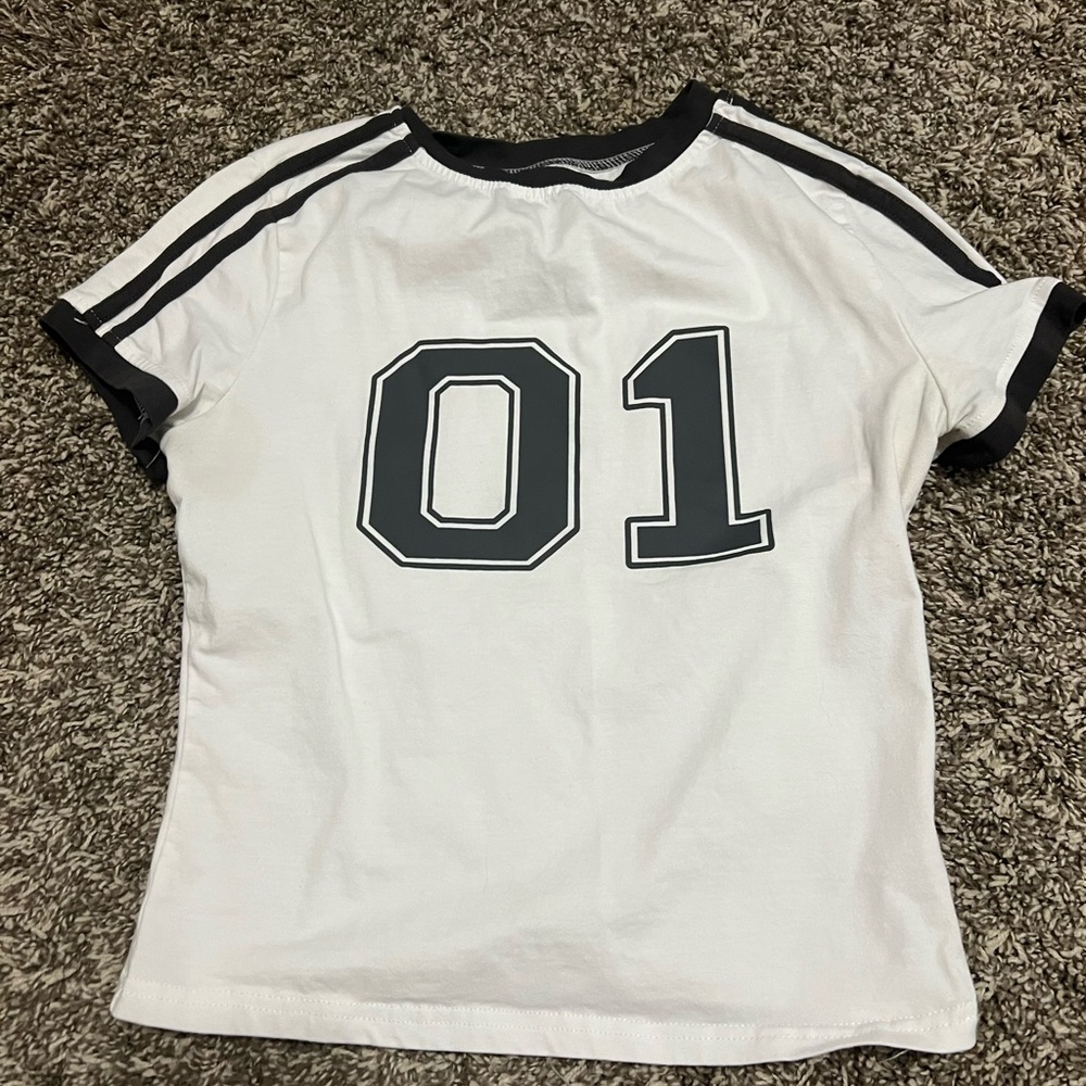 Women’s White Crop Tee with Black '01' Graphic